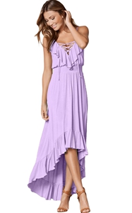 BY61510-8 Lace Up V Neck Ruffle Trim Hi-low Maxi Dress